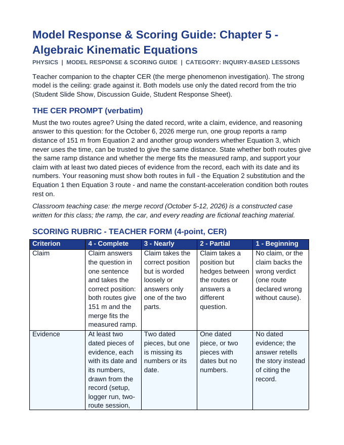 Algebraic Kinematic Equations Model Response & Scoring Guide sample page