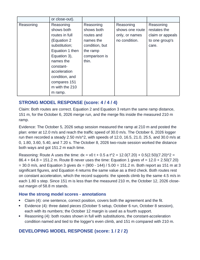 Algebraic Kinematic Equations Model Response & Scoring Guide sample page