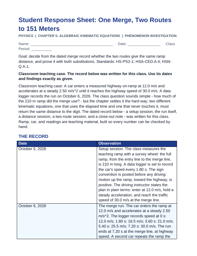 Algebraic Kinematic Equations Phenomena-Based Lesson: One Merge, Two Routes to 151 Meters Student Response Sheet sample page