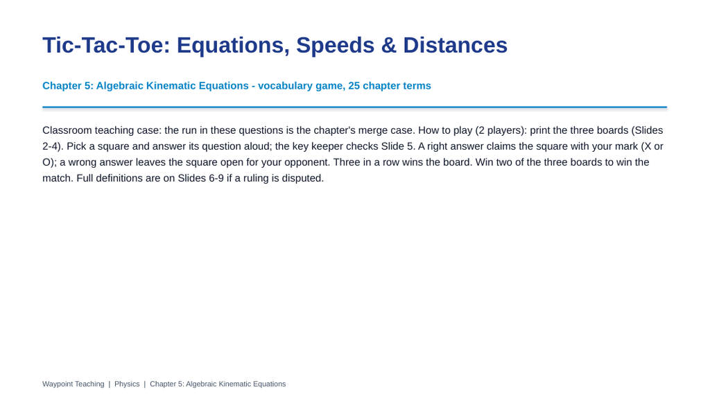 Algebraic Kinematic Equations Tic-Tac-Toe Review Game sample page