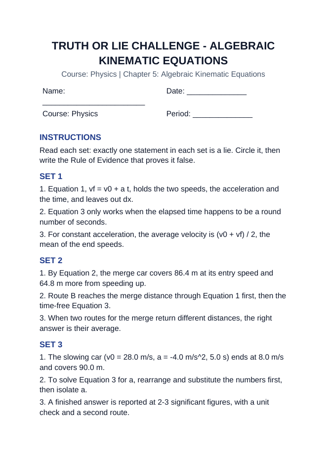 Algebraic Kinematic Equations Truth or Lie Challenge sample page