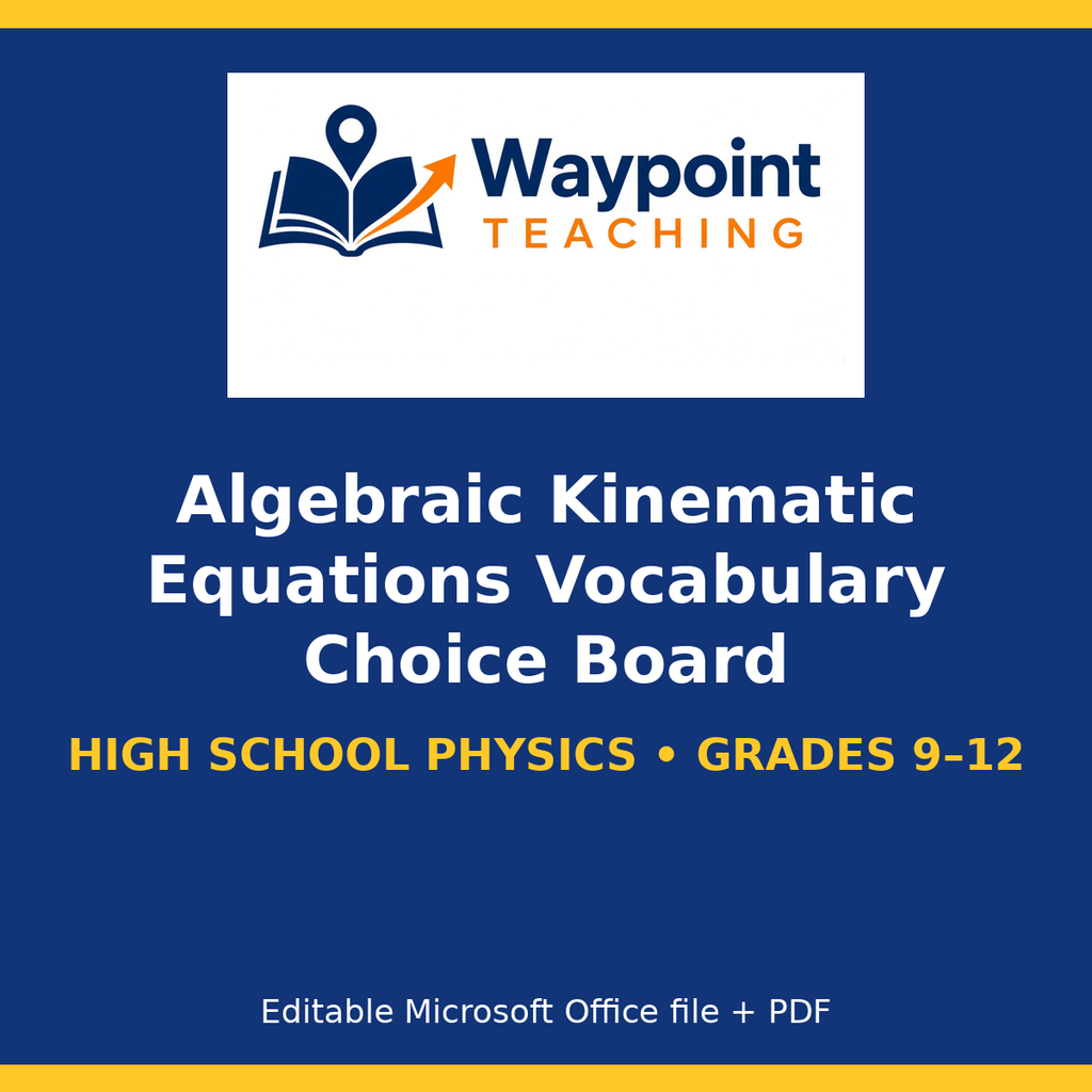 Algebraic Kinematic Equations Vocabulary Choice Board cover