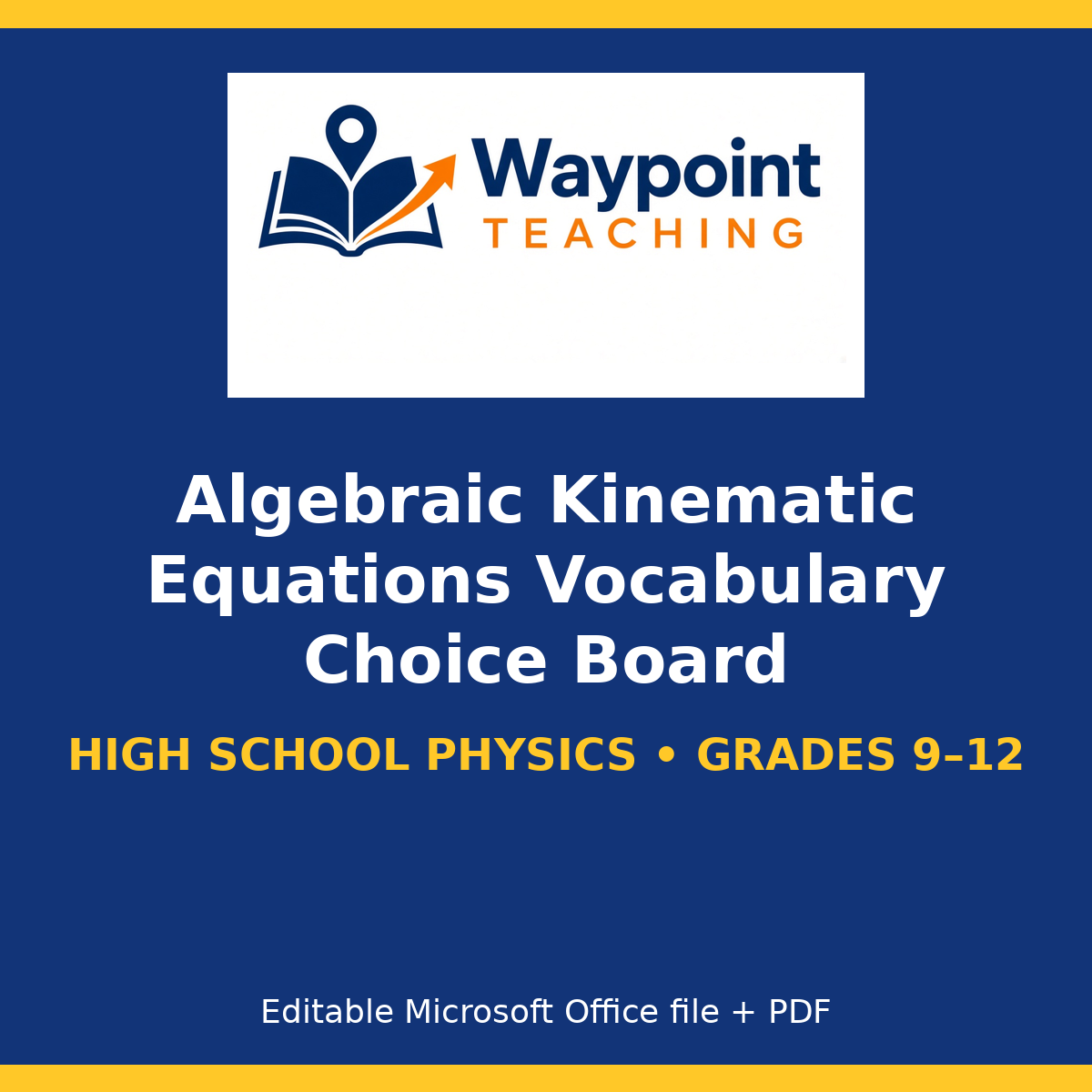 Algebraic Kinematic Equations Vocabulary Choice Board cover