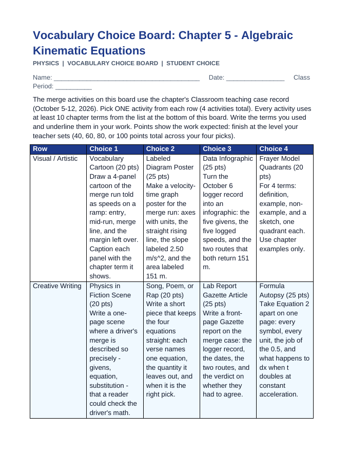 Algebraic Kinematic Equations Vocabulary Choice Board sample page