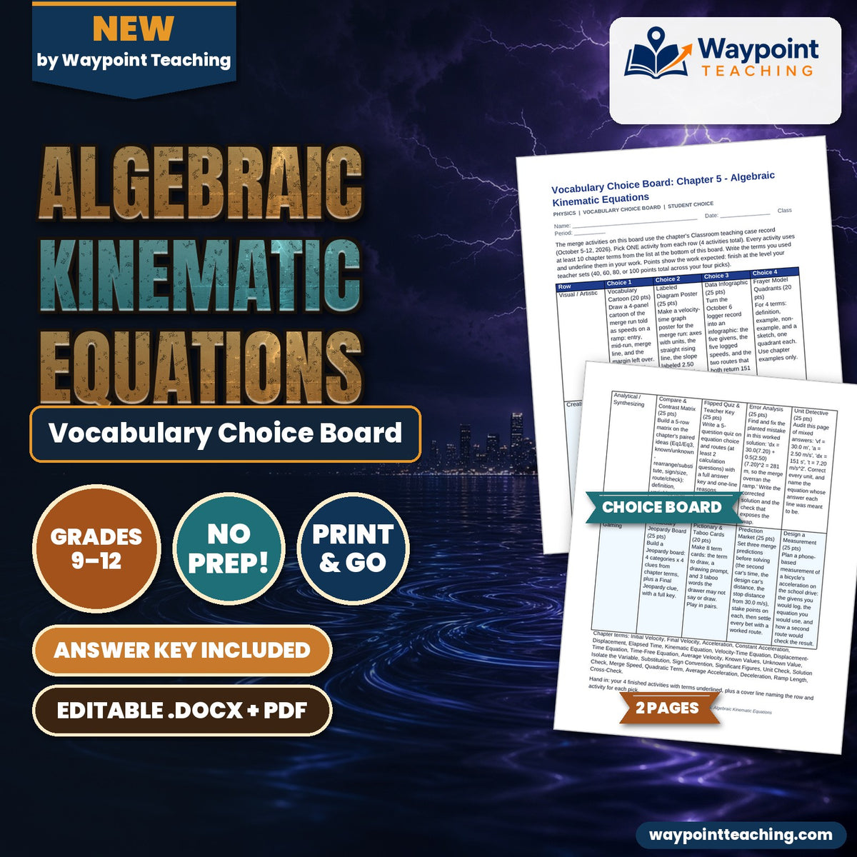 Algebraic Kinematic Equations Vocabulary Choice Board cover