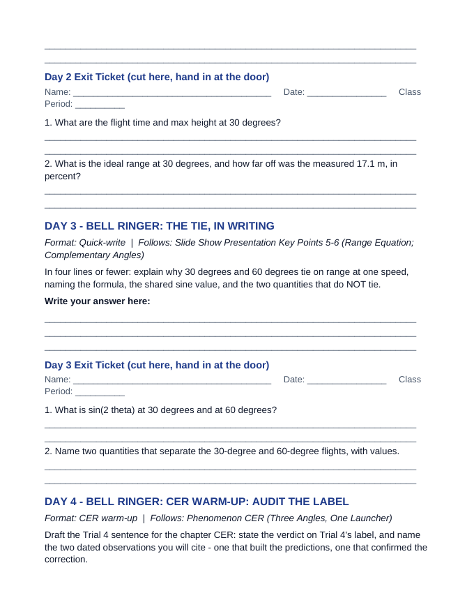Angled Projectile Motion Bell Ringers & Exit Tickets sample page