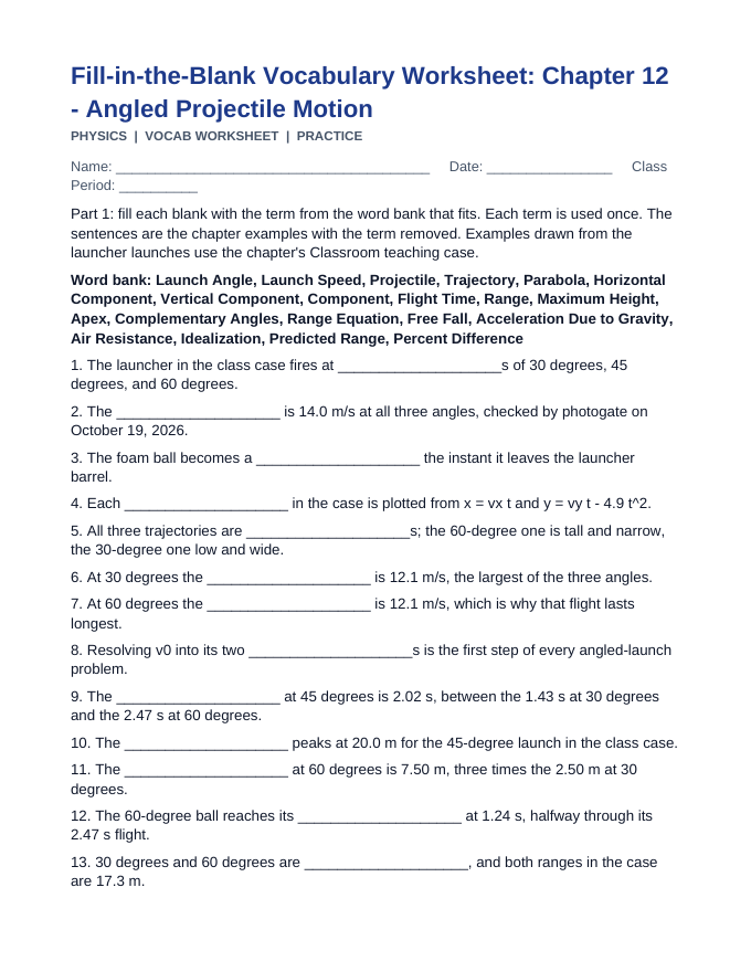 Angled Projectile Motion Fill-in-the-Blank Vocabulary Worksheet sample page