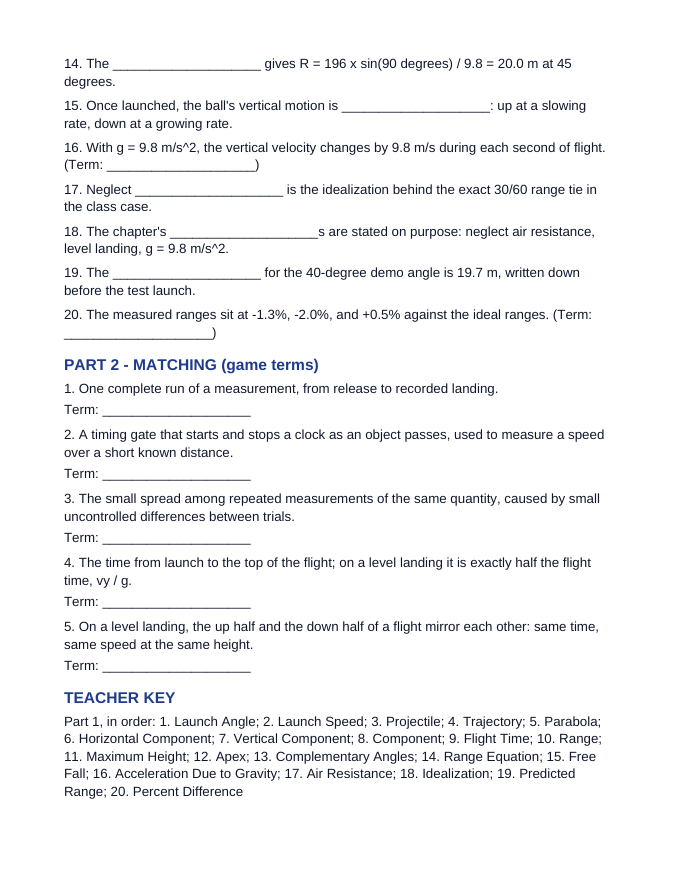 Angled Projectile Motion Fill-in-the-Blank Vocabulary Worksheet sample page