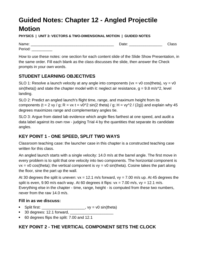 Angled Projectile Motion Guided Notes sample page