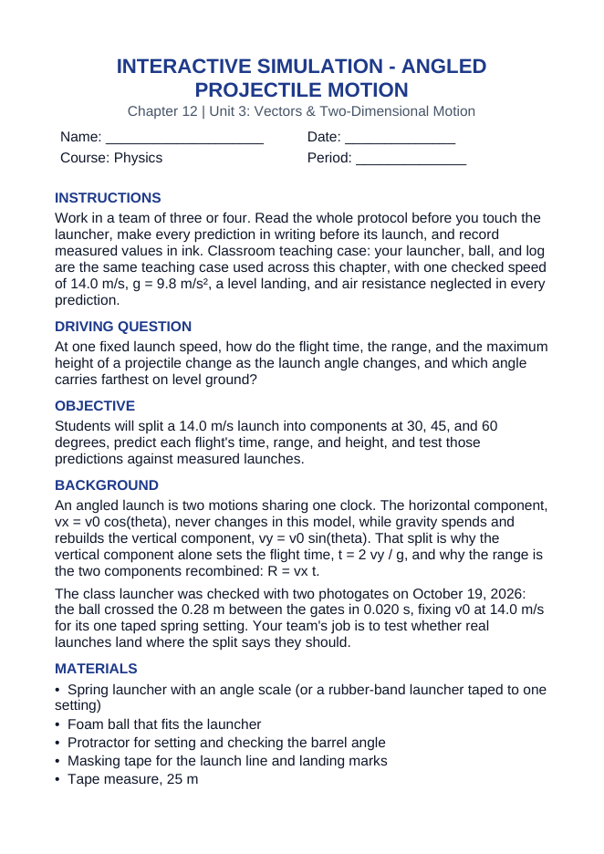 Angled Projectile Motion Interactive Simulation sample page