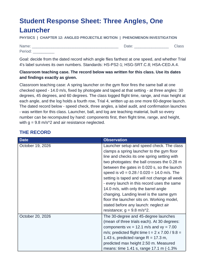 Angled Projectile Motion Phenomena-Based Lesson: Three Angles, One Launcher Student Response Sheet sample page