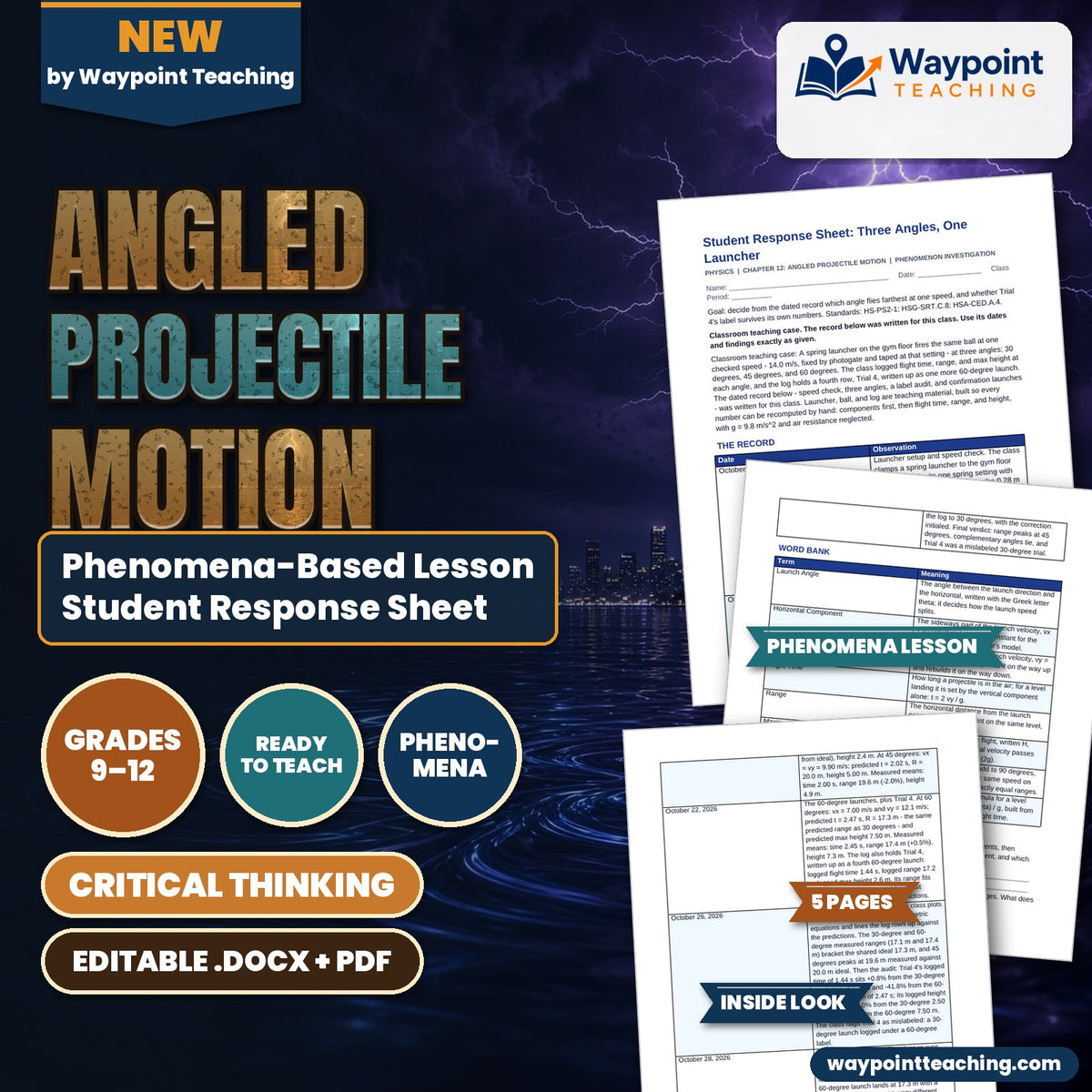 Angled Projectile Motion Phenomena-Based Lesson: Three Angles, One Launcher Student Response Sheet cover