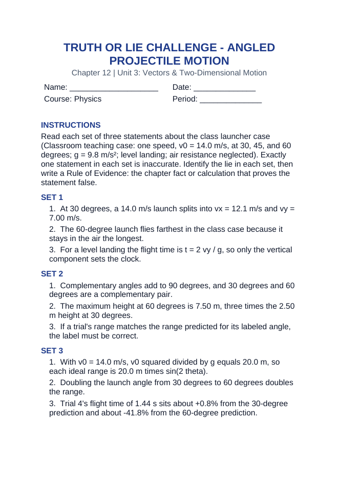 Angled Projectile Motion Truth or Lie Challenge sample page