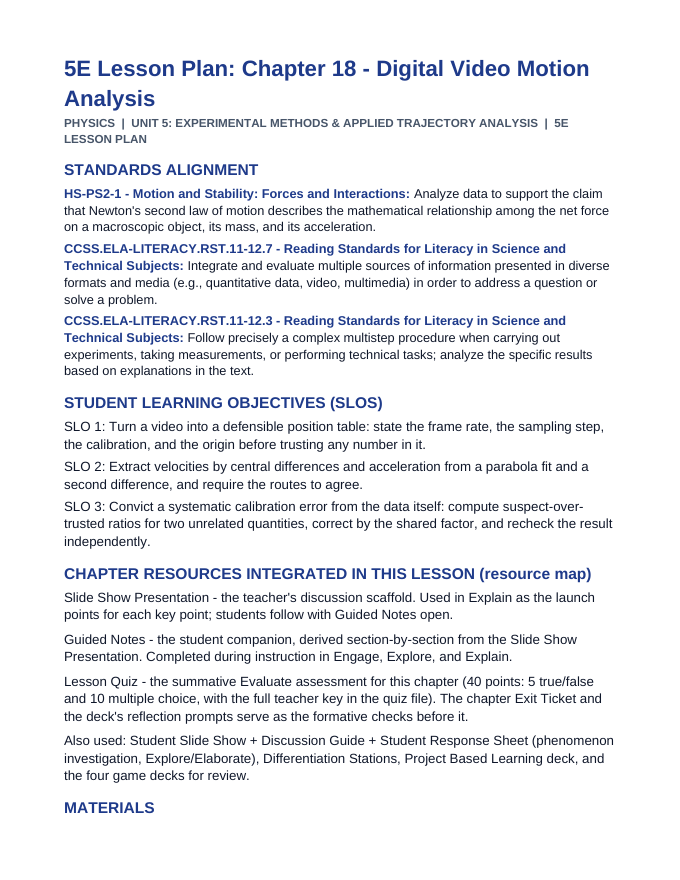 Digital Video Motion Analysis 5E Lesson Plan sample page