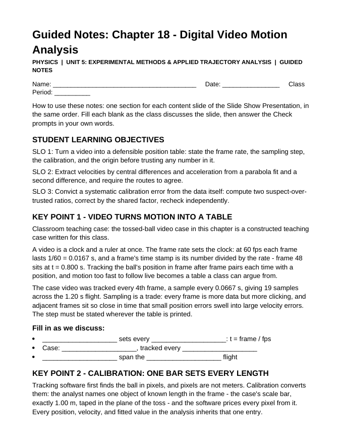 Digital Video Motion Analysis Guided Notes sample page
