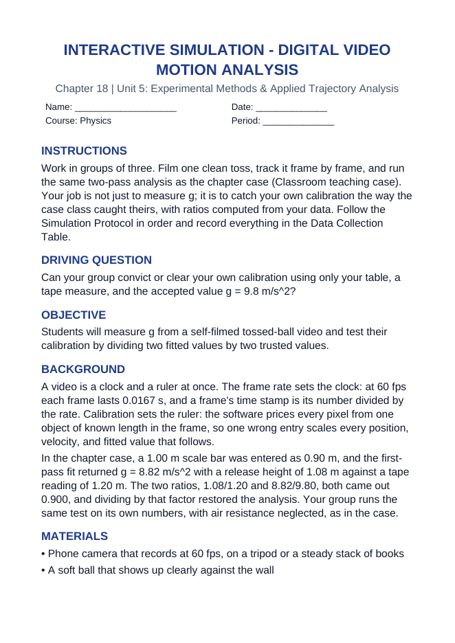 Digital Video Motion Analysis Interactive Simulation sample page
