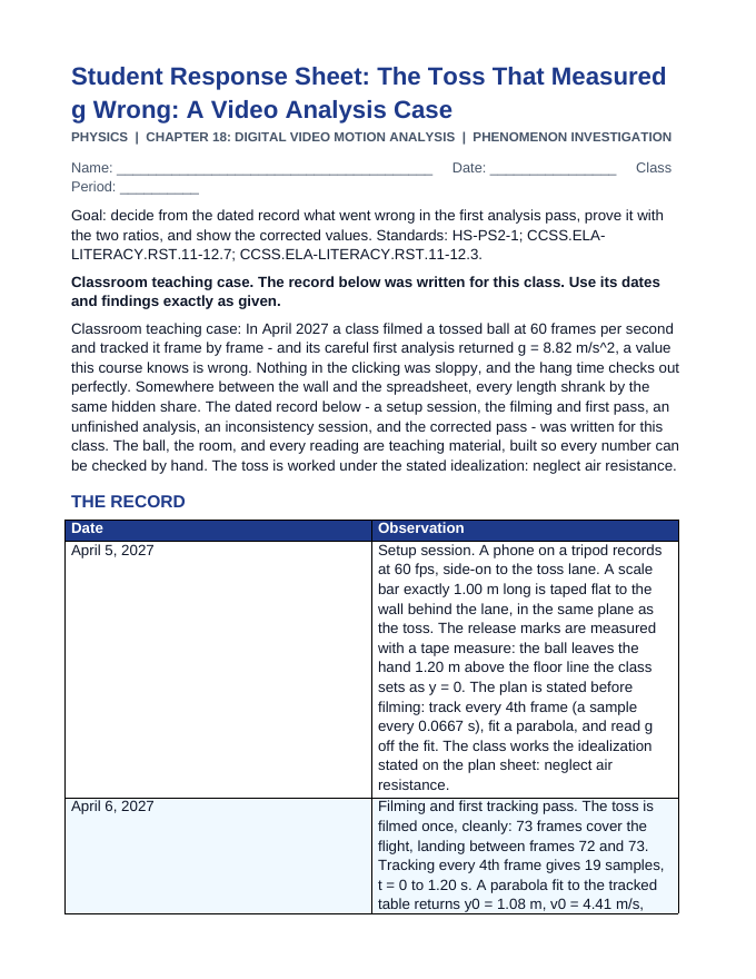 Digital Video Motion Analysis Phenomena-Based Lesson: The Toss That Measured g Wrong: A Video Analysis Case Student Response Sheet sample page