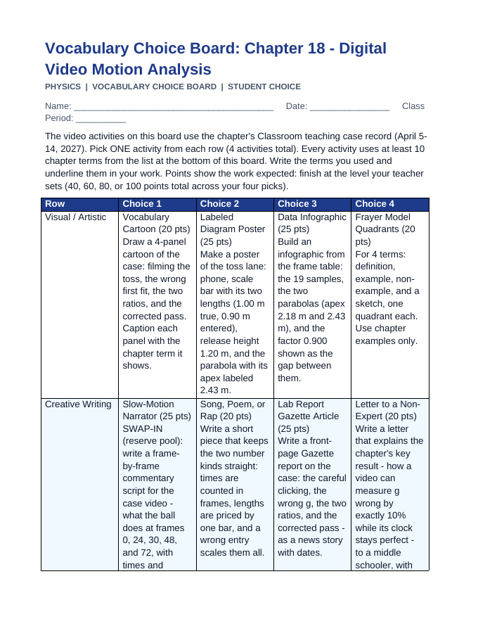 Digital Video Motion Analysis Vocabulary Choice Board sample page
