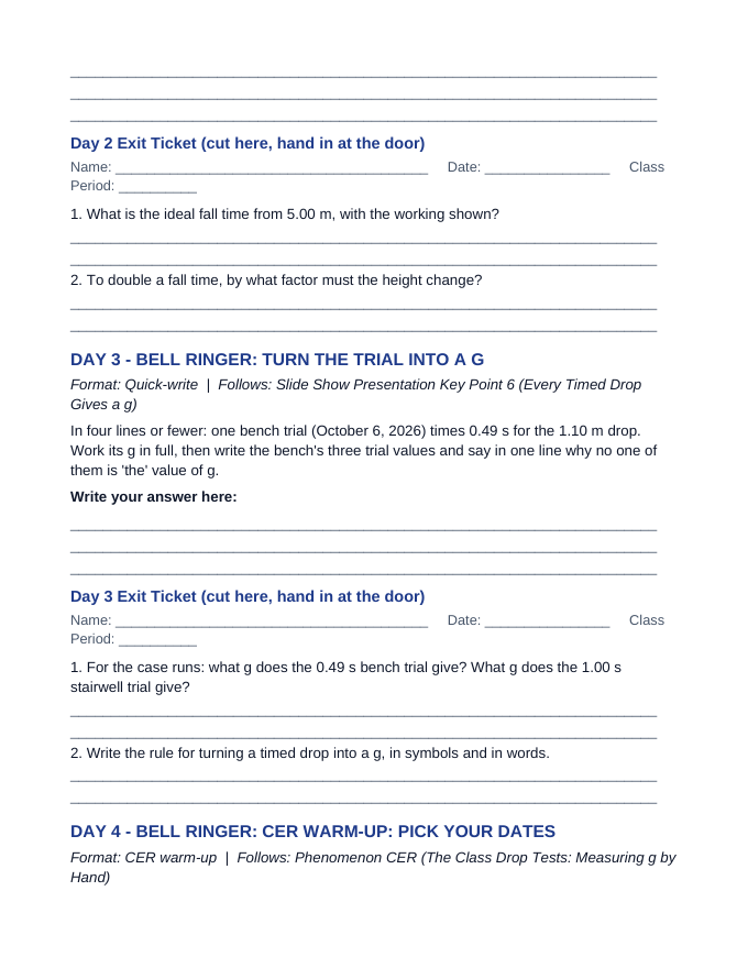 Free Fall & Gravity Bell Ringers & Exit Tickets sample page