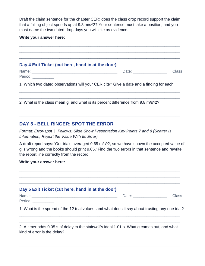 Free Fall & Gravity Bell Ringers & Exit Tickets sample page