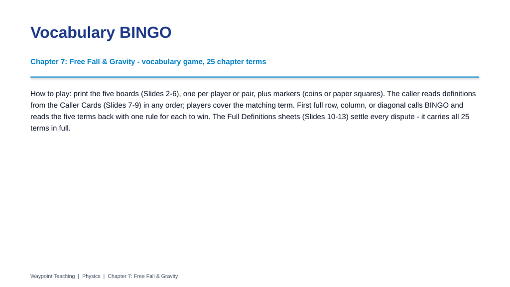 Free Fall & Gravity BINGO Review Game sample page