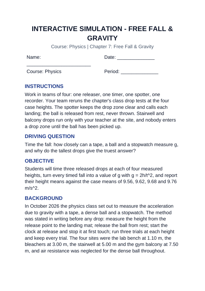 Free Fall & Gravity Interactive Simulation sample page