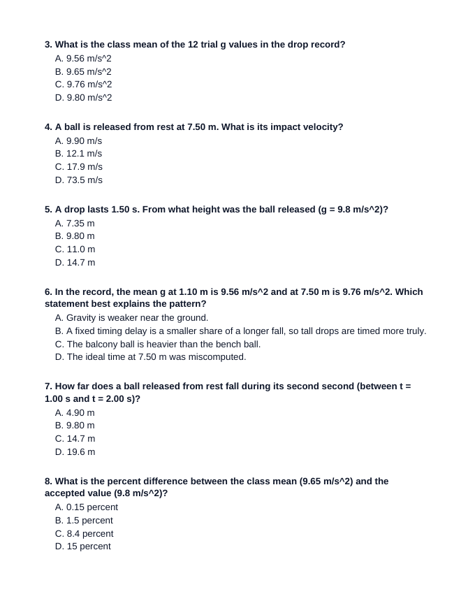 Free Fall & Gravity Lesson Quiz sample page