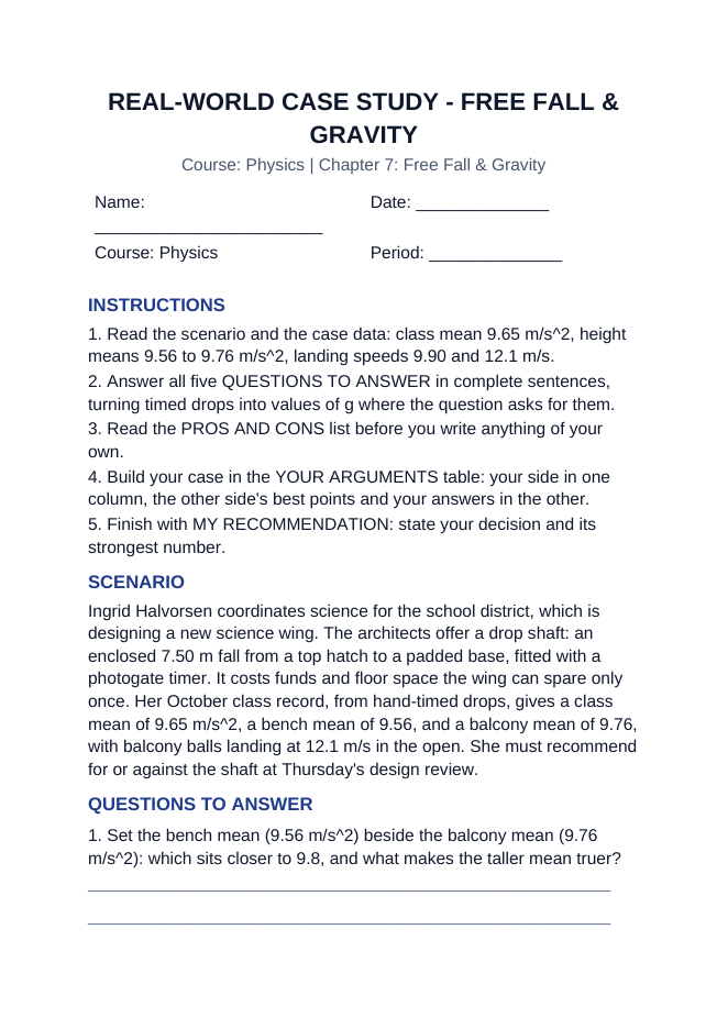 Free Fall & Gravity Real-World Case Study sample page