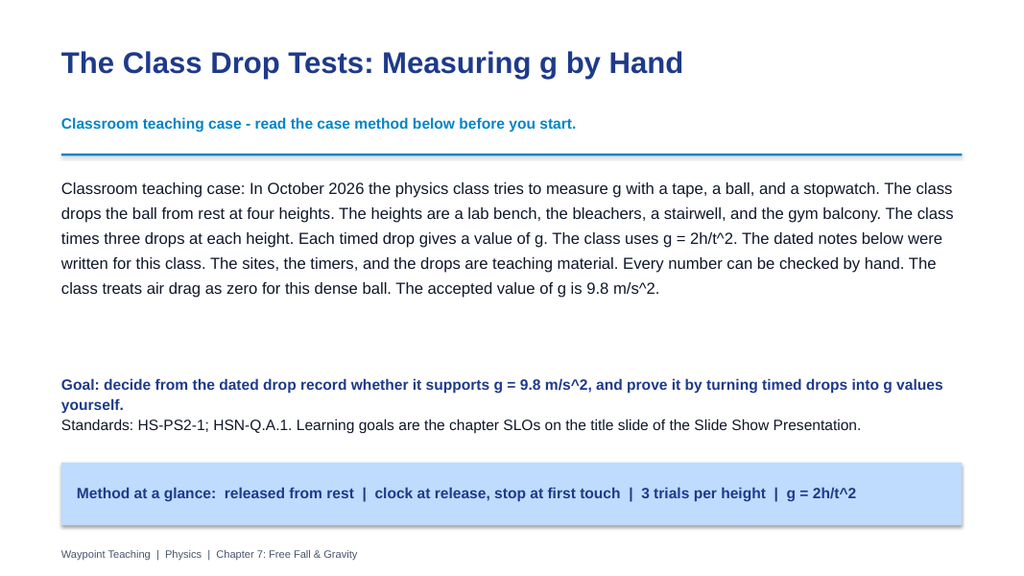 Free Fall & Gravity Scaffolded Phenomena-Based Lesson: The Class Drop Tests: Measuring g by Hand Presentation sample page