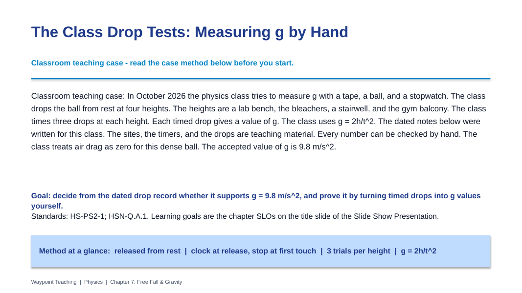 Free Fall & Gravity Scaffolded Phenomena-Based Lesson: The Class Drop Tests: Measuring g by Hand Presentation sample page