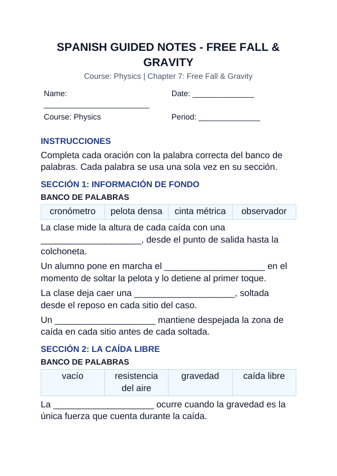 Free Fall & Gravity Spanish Guided Notes sample page