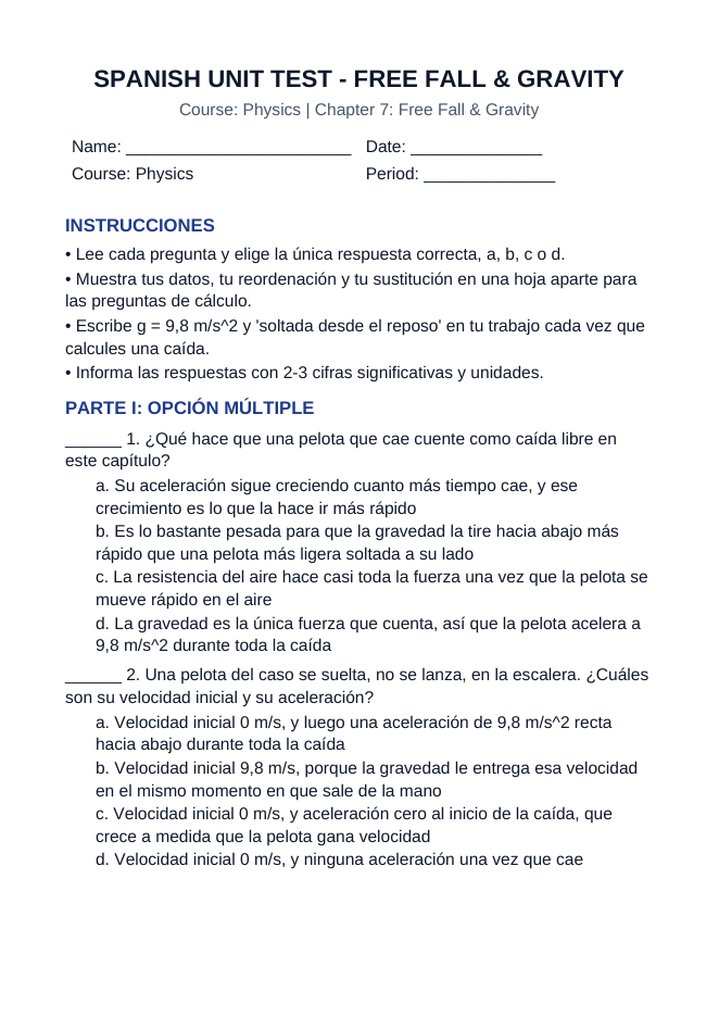 Free Fall & Gravity Spanish Unit Test sample page