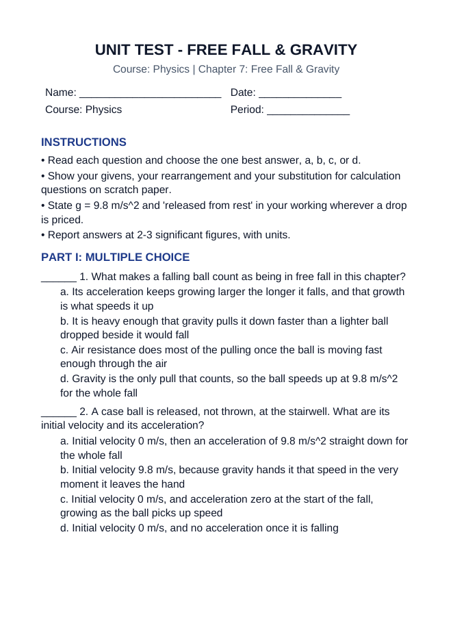Free Fall & Gravity Unit Test sample page