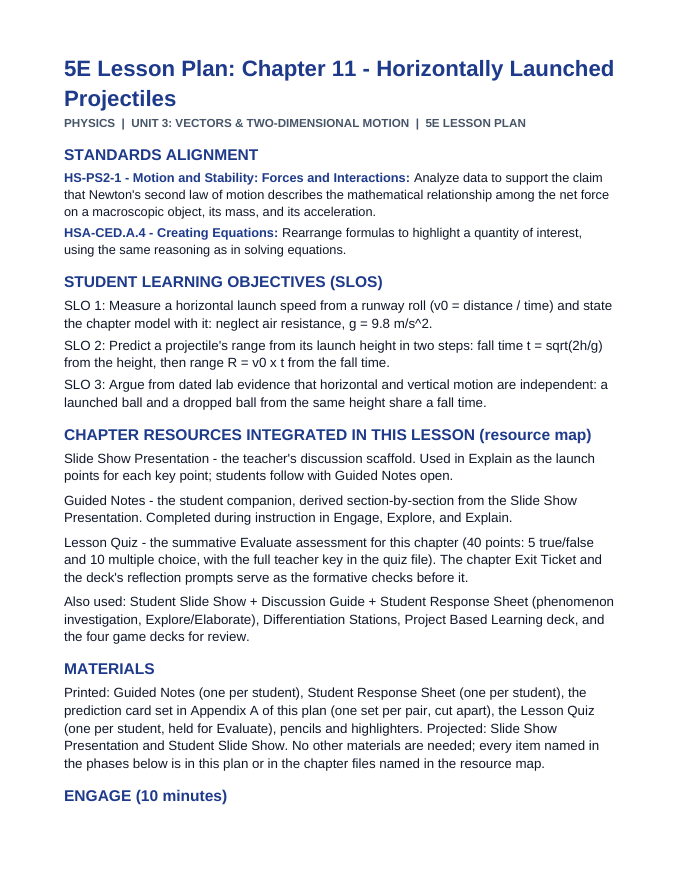 Horizontally Launched Projectiles 5E Lesson Plan sample page
