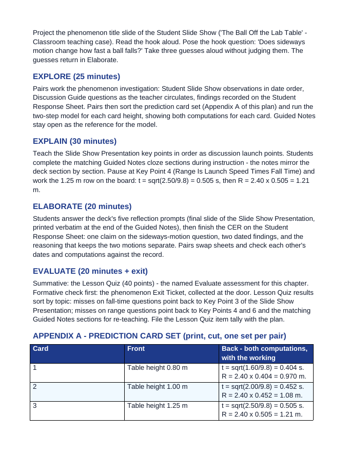 Horizontally Launched Projectiles 5E Lesson Plan sample page