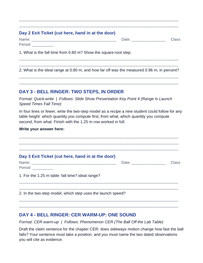 Horizontally Launched Projectiles Bell Ringers & Exit Tickets sample page