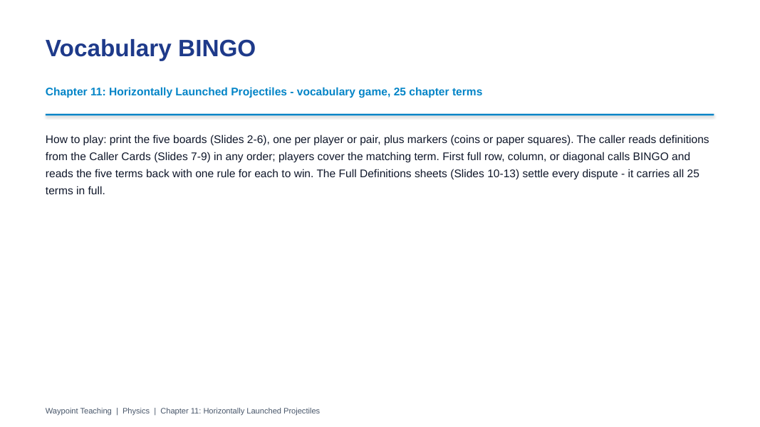 Horizontally Launched Projectiles BINGO Review Game sample page