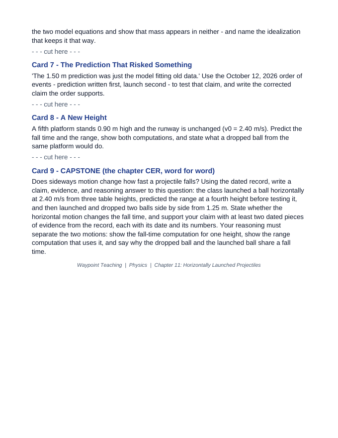 Horizontally Launched Projectiles CER Task Cards sample page