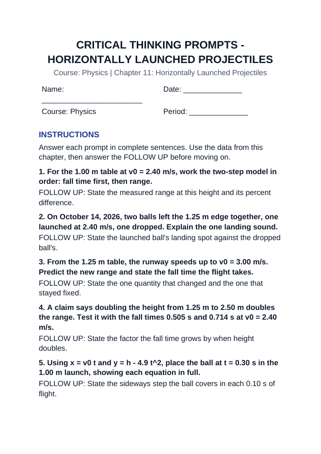 Horizontally Launched Projectiles Critical Thinking Prompts sample page