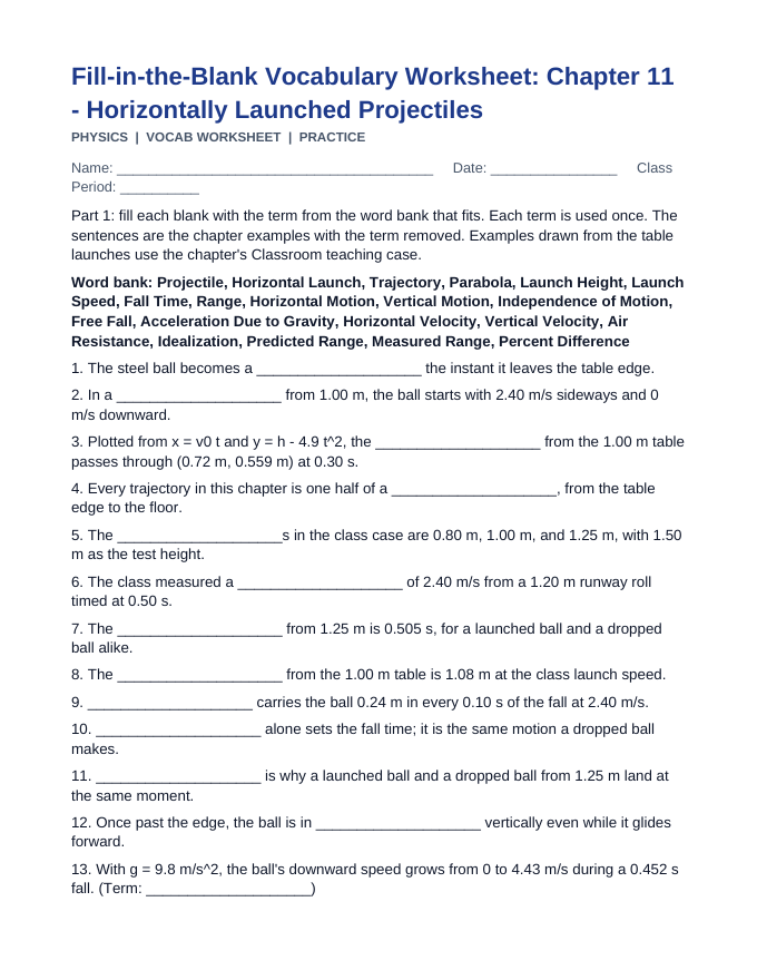 Horizontally Launched Projectiles Fill-in-the-Blank Vocabulary Worksheet sample page
