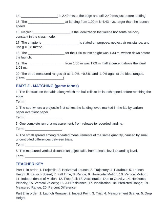 Horizontally Launched Projectiles Fill-in-the-Blank Vocabulary Worksheet sample page