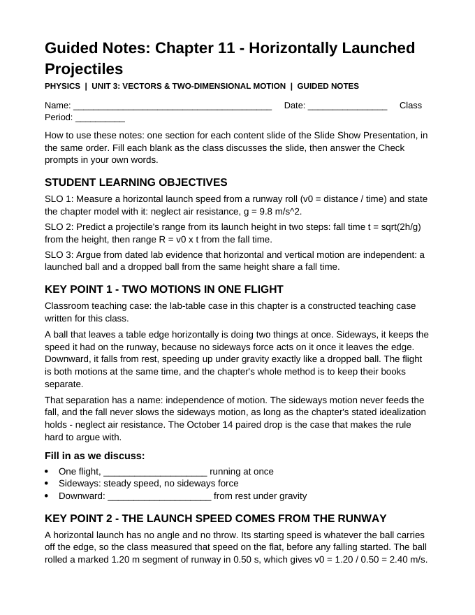 Horizontally Launched Projectiles Guided Notes sample page