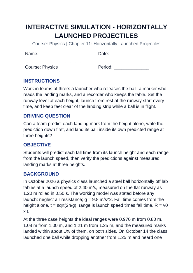 Horizontally Launched Projectiles Interactive Simulation sample page