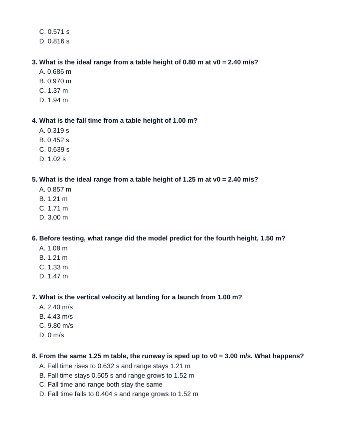 Horizontally Launched Projectiles Lesson Quiz sample page