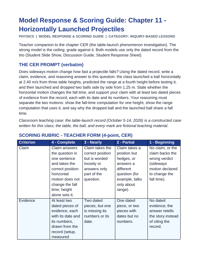 Horizontally Launched Projectiles Model Response & Scoring Guide sample page