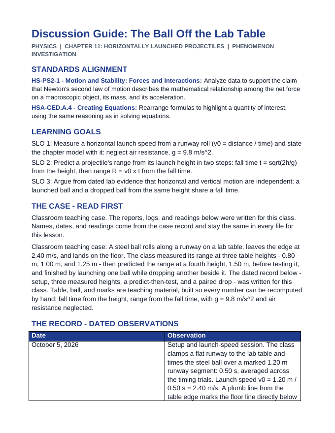 Horizontally Launched Projectiles Phenomena-Based Lesson: The Ball Off the Lab Table Teacher Discussion Guide sample page