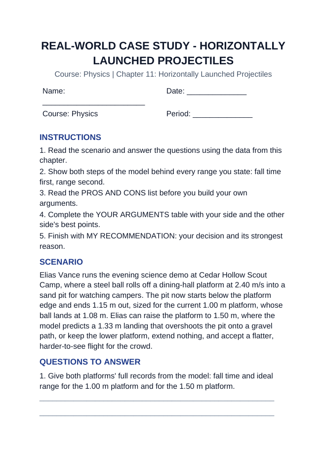 Horizontally Launched Projectiles Real-World Case Study sample page