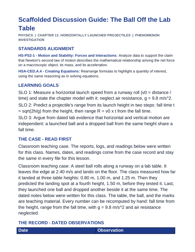 Horizontally Launched Projectiles Scaffolded Phenomena-Based Lesson: The Ball Off the Lab Table Teacher Discussion Guide sample page