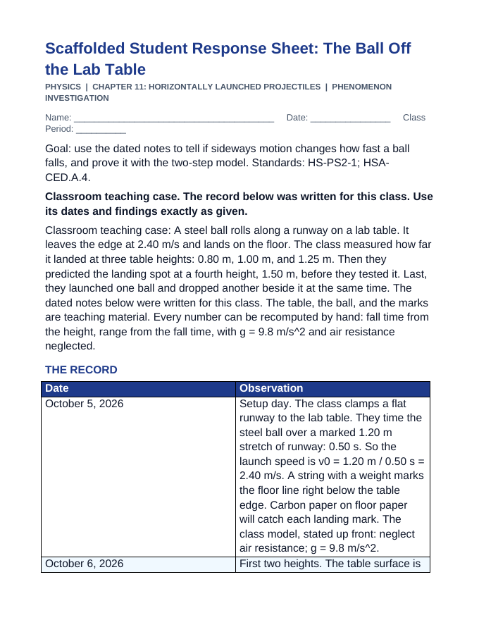 Horizontally Launched Projectiles Scaffolded Phenomena-Based Lesson: The Ball Off the Lab Table Student Response Sheet sample page