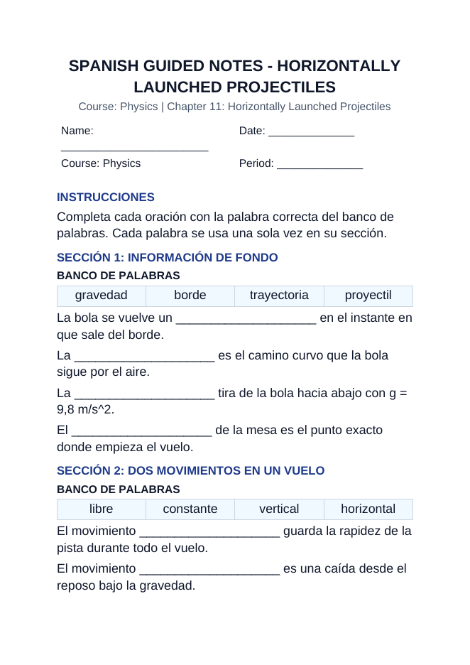 Horizontally Launched Projectiles Spanish Guided Notes sample page